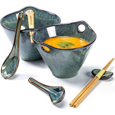 Ramen Bowl, Set Ramen Soup Bowls Including Chopsticks and Spoon, Green Bowl Ceramic Set for 2 People for Soup, Ramen and Sushi Bowl - 600 ml
