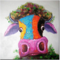 Fokenzary Hand Painted Painting Canvas Small Bull Colourful Pop Art Wall Decor Framed Ready to Hang 16 x 16 Inches