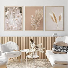 LPFNSF Modern Flowers Canvas Painting Set of 3 Plant Wall Pictures Boho Beige Natural Pampas Grass Pictures, No Frame (50 x 70 cm x 3)