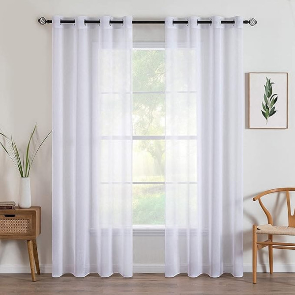 MIULEE Sheer Voile Curtain with Eyelets, Transparent Look, for Bedroom, Living Room, 140 x 300 cm (W x H), Set of 2, White