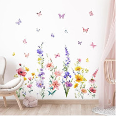 Colourful Flowers Wall Sticker Butterfly Plant Wall Sticker Garden Flowers Wall Sticker Watercolour Plants Wall Sticker for Children's Room Living Room Bedroom Hallway Wall Decoration