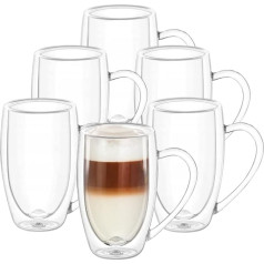 Wilmax Double-Walled Thermal Glasses with Handle Set of 6 400 ml Thermal Cups Latte Macchiato Glasses Set Cappuccino Glasses with Handle Coffee Glasses Tea Glasses Drinking Glasses