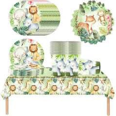 61 Pieces Cute Jungle Animals Kids Birthday Party Tableware with Cups, Napkins, Plates and Tablecloths for All Types of Parties, Camping, Weddings, for 20 Guests