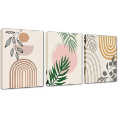 Abstract Framed Boho Wall Decor - 3 Pieces Green and Grey Plant Canvas Wall Art Sun and Moon Nature Floral Pictures Artwork Decoration for Bedroom Bathroom Living Room Kitchen 30.5x