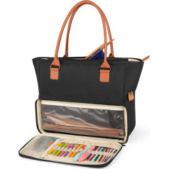 Yarwo Knitting Bag with PU Leather Handle and Pockets for WIP, Knitting Bag, Storage for Ball of Wool, Knitting Needles, Crochet Hooks and Other Accessories for Knitting and Crochet, Black