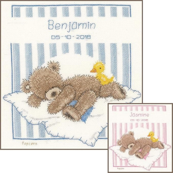 Vervaco Counted Cross Stitch Kit: Birth Record: Popcorn Bear & Soufflé Duck, NA, 16 x 13cm