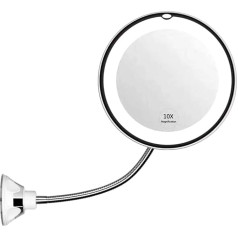 Round Cosmetic Mirror with Suction Cup, 10X Makeup Mirror with LED Light, 360° Rotation, Flexible Gooseneck Magnifying Mirror, Travel and Bathroom Cosmetic Mirror