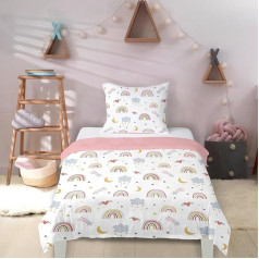 Rainbow Bed Linen, 140 x 200 cm, Pink, Children's Colourful Microfibre Bed Linen with Rainbow, Clouds, Stars, Moons, Hearts for Girls, Single Duvet Cover Set, Duvet Cover 140 x 200 cm and