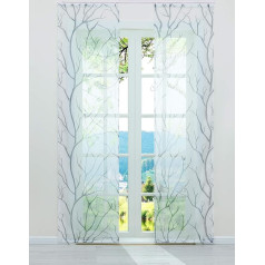 ESLIR Sliding Curtains, Set of 2 Panel Curtains with Velcro Tape, Transparent Curtain with Branch Pattern, Voile, White/Grey, W x H 57 x 245 cm, Pack of 2