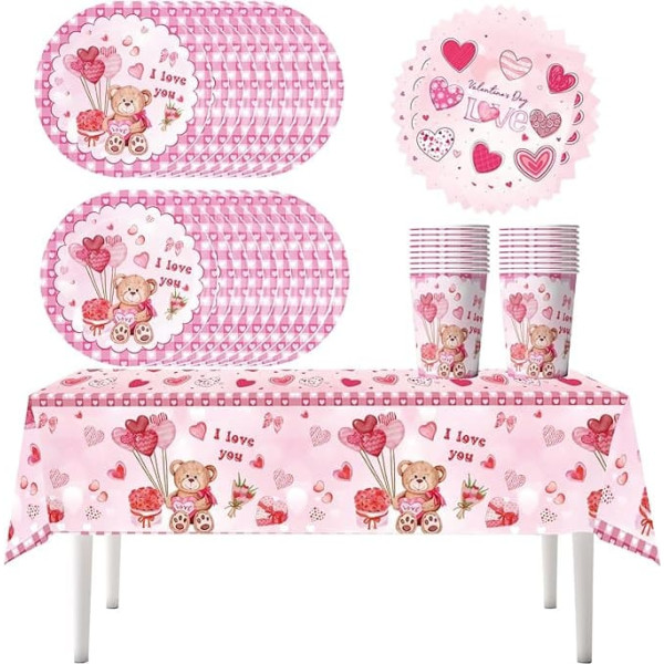 61 Piece Bear Wedding Party Tableware Set, Wedding Balloon Party, Includes Cups, Napkins, Plates and Tablecloths, Suitable for Children's Birthday, Valentine's Day, Girls Party