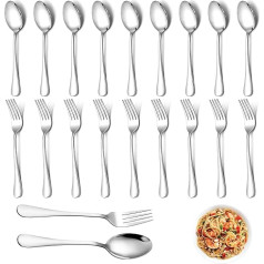 20 Pieces Spoon and Fork Set, 10 Serving Spoons and 10 Dinner Forks 17 cm, Stainless Steel Dessert Spoons, Cutlery Set, Table Spoons, Dishwasher Safe for Home, Kitchen and Restaurant