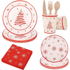 Christmas Tableware Set, 96 Pieces, Red and White, Disposable Tableware Set for 20 Guests, Snowflakes, Christmas Tree, Christmas Decorations, Printed Paper Cups, Plates, Napkins and Cutlery for