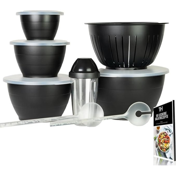 Thiru Salad Bowls Economy Set 8-Piece Mixing Bowl Set 8 Pieces 0.6L/1.3L/2.5L/4.4L/6.5L with Lid, Colander, Salad Servers - Microwave Safe - BPA-Free - Includes E-Book with 50 Recipes