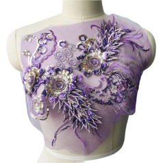 Bestickte Applikation, Spitzenapplikationen, lila Spitzenstoff, Pailletten, 3D-Blumenquaste, Hochzeitskleid-Applikationen, bestickte Borten, Kragen, Aufnäher zur Kleiderdekoration