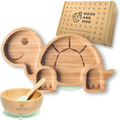 Moon and Moo Bamboo Turtle Plate and Suction Bowl Set, Perfect Baby Gift, Eco-Friendly Weaning Kit with Powerful Silicone Suction Cup, Split Portion Plate