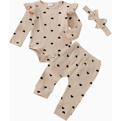 Aenbilo Baby Girls Clothes Newborn Autumn Winter Ribbed Ruffle Long Sleeve Romper Pants Outfit Set 3 Pieces 0-18 Months