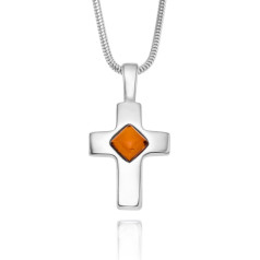 Copal Amber Cross Pendant Necklace Made of Sterling Silver with Adjustable Length, Silver, Amber pendant, amber necklace