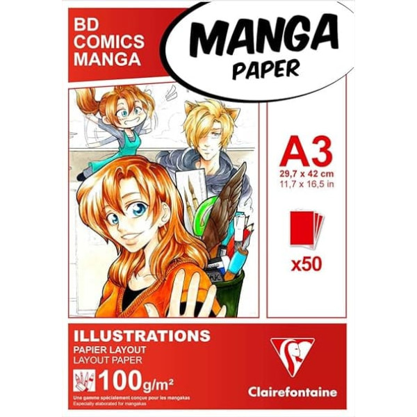 Clairefontaine 94043C Layout Pad for Manga Comics, Ideal for Illustrations and Multi-Techniques, DIN A3, 29.7 x 42 cm, 50 Sheets, 100 g, Suitable for Felt Markers with Alcohol, White