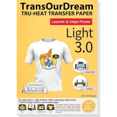 TransOurDream Tru-T Shirt Transfer Paper A4 Iron on for Inkjet and Laser Printers, Printable HTV Heat Transfer Vinyl for White and Light Fabrics, Easy to Cut (TOD-03-100)