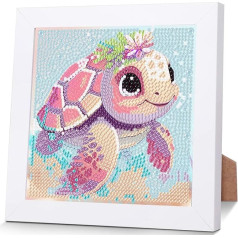 Children's Turtle Diamond Painting with Wooden Frame, Set Full Diamond Painting Pictures Children Animals, 5D Diamond Painting Girls, DIY Mosaic Making Arts Craft for Home Wall Decor 18 x 18 cm