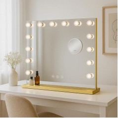 Bayt Hollywood Schminkspiegel 58 x 46 cm, mit LED Beleuchtung, Schminkspiegel mit 15 dimmbaren Lampen, 3 Lichtmodi (warm, kalt, neutral), Touchscreen & 10x Vergrößerungsspiegel (Gold)