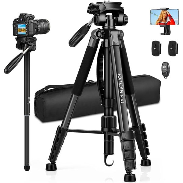 JOILCAN 185 cm Camera Tripod, Compact Aluminium Camera Tripod Monopod with 3-Way Swivel Head, Lightweight Tripod for Smartphone with Phone Holder and Remote Control for Travel, Outdoor, Vlog, YouTube
