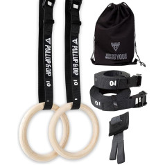 PULLUP & DIP Premium Wooden Gym Rings, Gym Rings, Gymnastics Rings for Calisthenics, Wide Fastening Straps with Markings + Door Anchor + Transport Bag + eBook