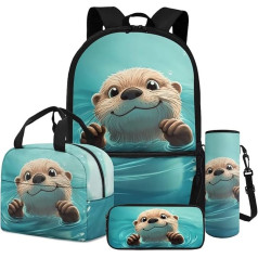 Dngkaoje 4 in 1 School Bookbag Set for Kids, Backpack with Lunch Box, Pencil Case, Water Bottle Holder, Cute Otter