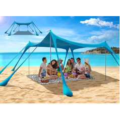Beach Tent Premium Lycra Tent, Beach Shelter UPF 50+ Portable Awning Sun Shelter with 4 Stability Poles, Anchor, Sand Shovel and Carry Bag for Beach, Picnic, Fishing, Camping, 3 x 3 x 2 m