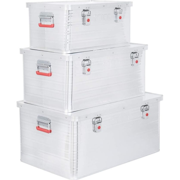 STIER Aluminium box set, aluminium box 50 L, 85 L and 135 L, stackable transport boxes, dust- and splash-resistant with rubber seal and folding handles