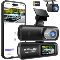 Dash Cam Car Front Rear 4K + 1080P, WiFi Dash Cam Camera, Free 64GB Card, Dash Cam with Night Vision, Dash Camera with 24H Parking Monitoring, G-Sensor, Loop Recording, App Control