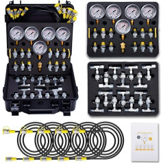GRYVOZE Hydraulikdruckprüf-Set, 10/100/250/400/600bar, 5 Messgeräte, 13 Prüfkupplungen, 14 T-Anschlüsse, 5 Testschläuche
