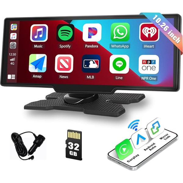 CAMECHO Wireless Apple Carplay Android Car Portable Car Radio, 10.26 Inch Screen Car Carplay Display with Bluetooth GPS Mirror Link Voice Control FM Transmitter AUX + 32G TF Card