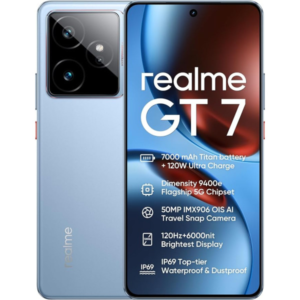 realme GT7 5G Smartphone, 12GB + 256GB, Density 9400e Flagship 5G Chipset, 7000mAh Battery, 120W Charge, 50MP IMX906 OIS Camera, 120Hz 6000nit Display, IP69, Blue Rr