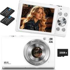 Digital Camera 4K, Lecnippy 48MP Autofocus Camera with 32G Memory Card, 16X Digital Zoom, Compact Camera with 2.8 Inch Screen for Beginners (White)