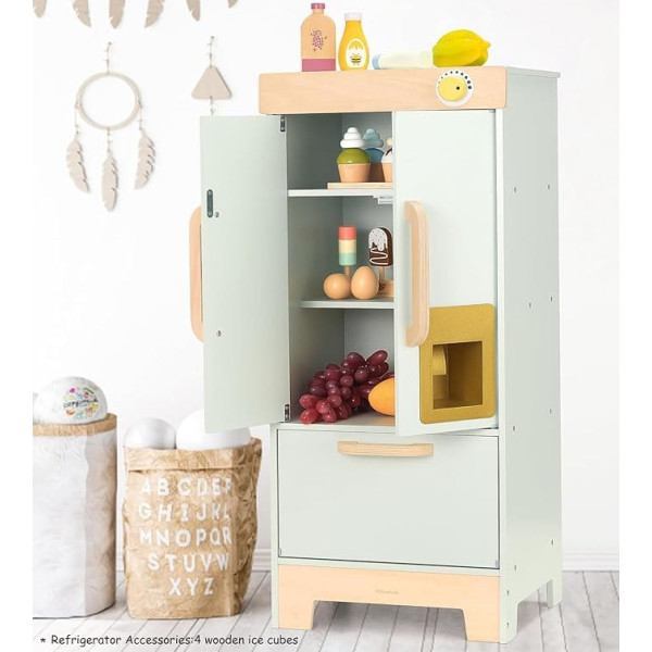 Pillowhale Children's Wooden Fridge Kitchen Accessories, Toy Fridge with Ice Cube Maker, Wooden Toy Refrigerator, Children's Kitchen Accessories, Suitable for Children from 3 Years (Green)