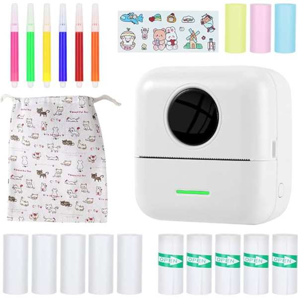 DAJASD Mini Printer, Portable Mini Photo Printer, Thermal Printer with 8 Rolls Printer Paper and 6 Colouring Pencils, Smartphone Bluetooth Printer, Pocket Printer for List, Notes, Pictures, Travel,