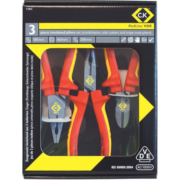 C.K T3805 VDE Pliers and Cutter, Red/Yellow, Set of 3 Pieces