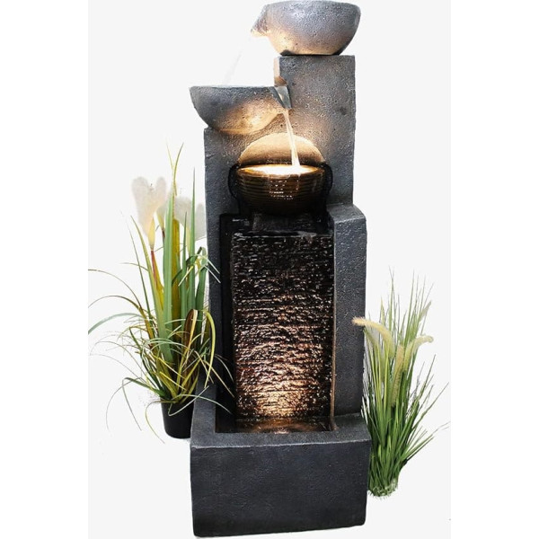 Arnusa Large Garden Fountain with LED Lighting Cascade Water Feature Garden Decoration Black Grey
