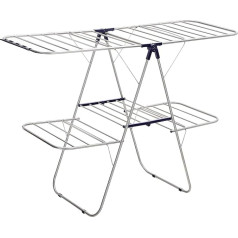 SONGMICS 2-Level Clothes Airer, Stainless Steel Drying Rack, Laundry Rack with Height-Adjustable Wings, Free-Standing Laundry Stand, for Socks, Bed Linen, Clothing, Foldable, Stable, Blue LLR53BU