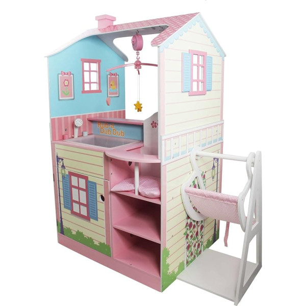 Teamson Kids - All in One 18 inch Baby Doll Nursery Station (Changing Table + Crib + High Chair + Cabinet) with Swing | Wooden 18 inch Doll Furniture
