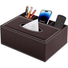 PU Leather Cosmetic Tissues Rectangular Tissue Box Organiser Tissue Box with Remote Control Storage Box Napkin Holder Desk Storage Box, Brown