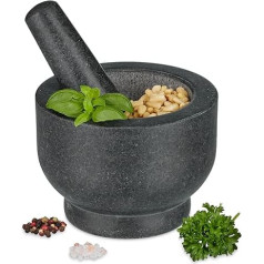 Relaxdays Mortar with Pestle, Granite, Stone Mortar Round, H x D 10 x 14 cm, Spices and Herbs, Heavy Spice Mortar, Anthracite