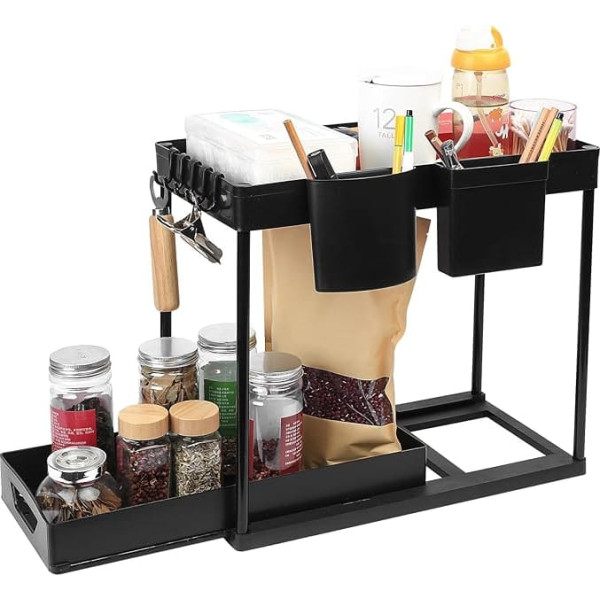 Kitchen Organiser, 2 Tier Sink Organiser Kitchen Shelf, Sink Cabinet Organiser, Sliding Drawer Under Sink Shelf Spice Rack with 4 Hooks 2 Cups for Kitchen Bathroom Organiser