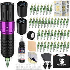 Solong Tattoo Machine Set 2 Batteries 7 Strokes, Rotary Wireless Tattoo Pen Gun with LCD Digital, 40 Pieces Cartridge Needles, 30 ml Inks Black for Beginners and Artists SL-TK0001EU-4