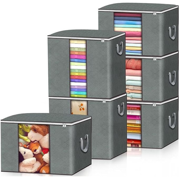 FAMKEEP Storage Bag, Pack of 6 Large Storage Bag, Foldable Clothes Storage with Reinforced Handle, Wardrobe Organiser for Clothes, Duvets, Bedding, Grey