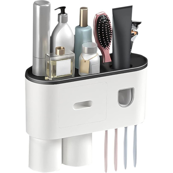Toothbrush Holder Bathroom Organiser Toothbrush Holder Wall Mounted with Double Automatic for Children and Adults 4 Brush Slots 2 Magnetic Cups
