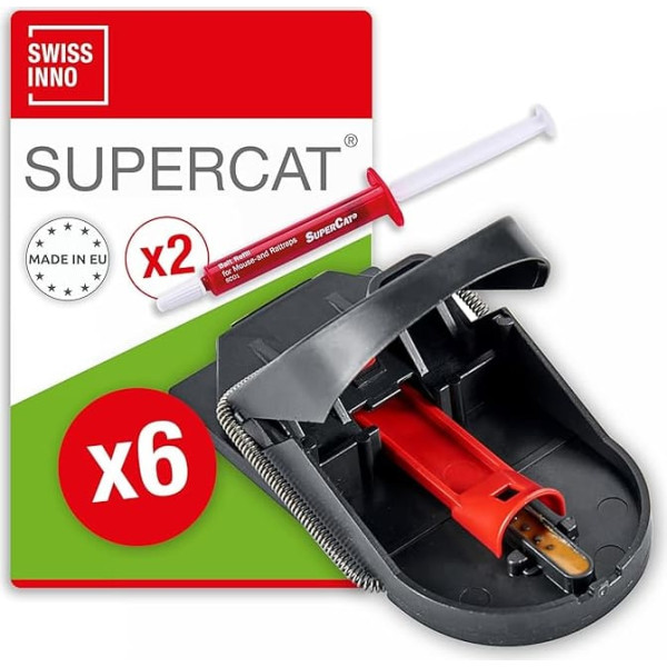 SWISSINNO Mousetrap PRO SuperCat - Animal-targeted elimination - Efficient + Reusable with peanut butter bait - Instant catch & Kill - For indoor and outdoor use - 6 Traps + 2 Bait Syringes