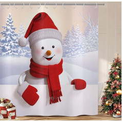 ASDCXZ Christmas Shower Curtain 180 x 200 cm, Cute Red Hat Snowman Skiing Snow Landscape Bathroom Washable Shower Curtains Polyester Textile Waterproof Shower Curtain for Bath with 12 Hooks
