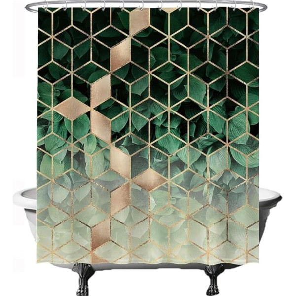 Ulticool Shower Curtain - Geometric Green Natural Gold Luxury - 180 x 200 cm - Anti Mould - Washable - Waterproof - with 12 Rings